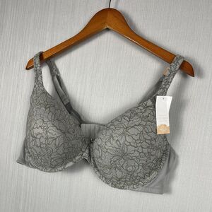 Cacique Lightly Lined T-Shirt Bra Women's 46C Gray Lace Full Coverage NWT